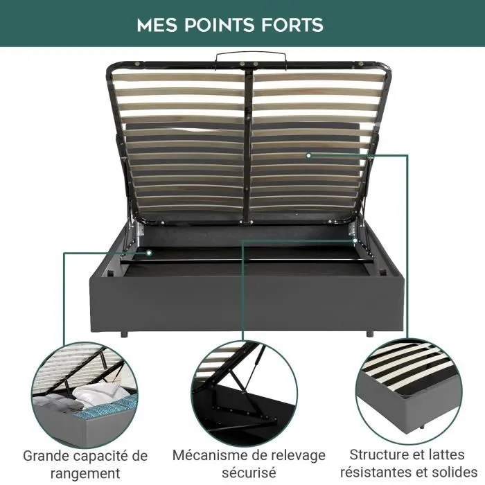 Lit Coffre Majestueux 90x190 Gris Sampur | Sommier à Lattes Inclus | Simili Cuir | Rangement Pratique Space-D | Solide & Durable-2