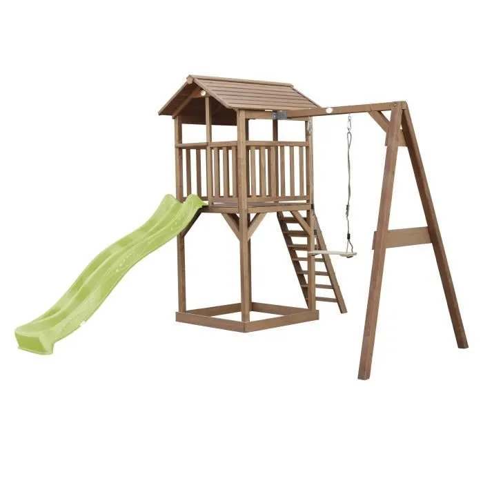 AXI Beach Tower Aire de Jeux avec Toboggan en vert clair, Balançoire & Bac à Sable | Grande Maison enfant extérieur en marron-3
