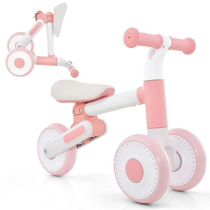 COSTWAY Draisienne sans Pédale pour Bébé 1-3 Ans avec 3 Roues, Vélo d'Équilibre Enfant Pliable avec Selle Réglable en Hauteur, Rose-0