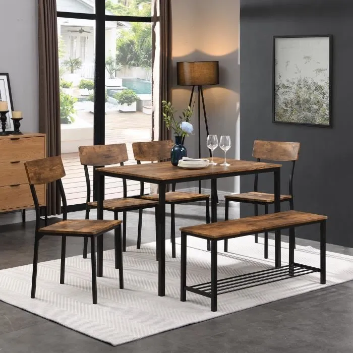 ModernLuxe Ensemble table et chaise - 6 pièces - cadre en acier - style industriel - marron-0