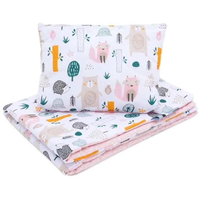 Bellochi Set de Couette Bebe 75x100 cm et Coussin Enfant 30x40 cm - Réversible et Lavable - Coton - Forêt-0