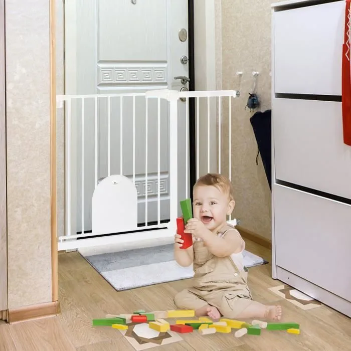 UISEBRT 105-115cm Extensible Barrière de Sécurité avec Chatière Fermeture Automatique sans Perçage pour Enfants et Animaux Blanc-3