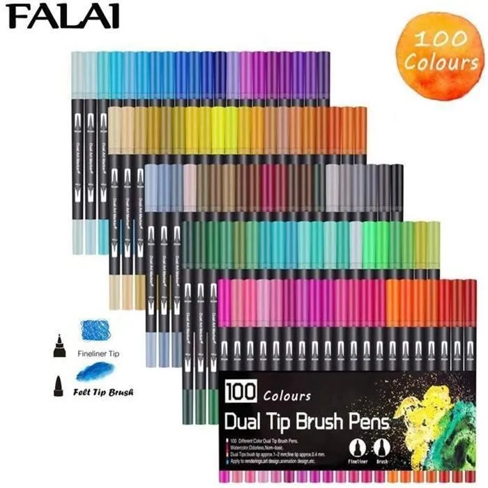Feutres de Coloriage, 100 Couleurs Art Aquarelle Brosse Pointe Stylos et Pointe Fine pour Adulte Livres de Coloriage, Dessin-0