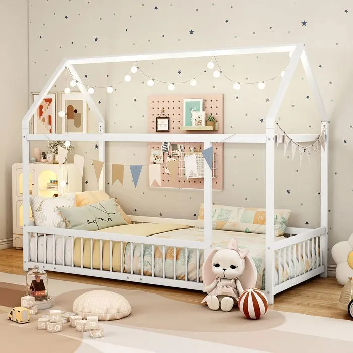 Lit cabane enfant 190x90  avec clôture et porte, avec protection anti-chute, Blanc-1