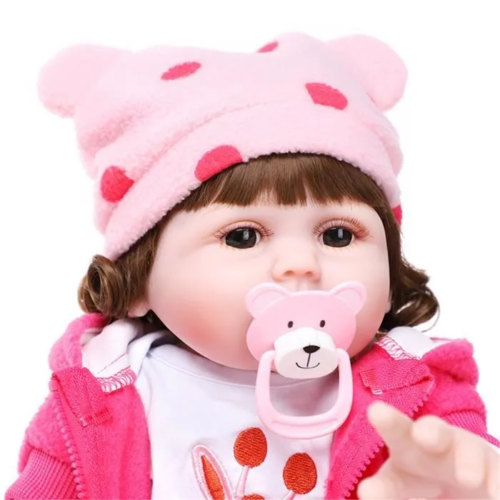 Poupée Reborn Silicone - 48cm - Poupon Réaliste Nouveau-Né - Cheveux Bouclés - Yeux Marrons-1