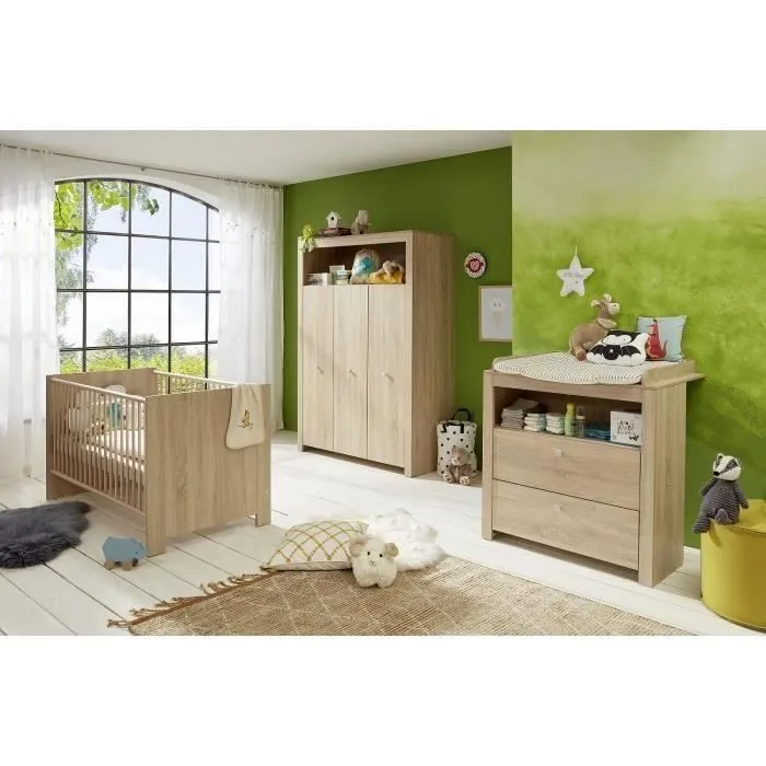 Chambre bébé Trio : Lit 70 x 140 cm + Commode à langer + Armoire OLIVIA - Chêne - TREND TEAM-0