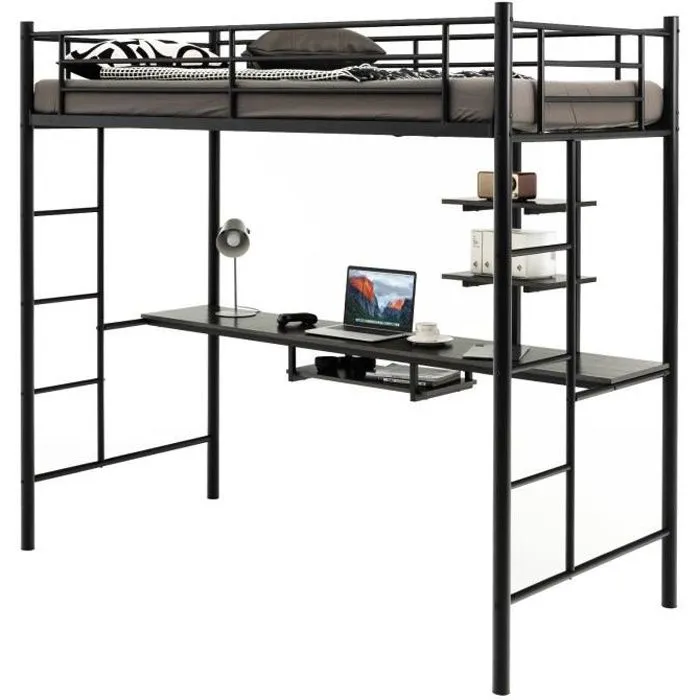 COSTWAY Lit Mezzanine en Métal avec Bureau, 90 x 190 CM, avec 2 Etagères, 2 Échelles, Garde-Corps sur Toute la Longueur, Noir-0