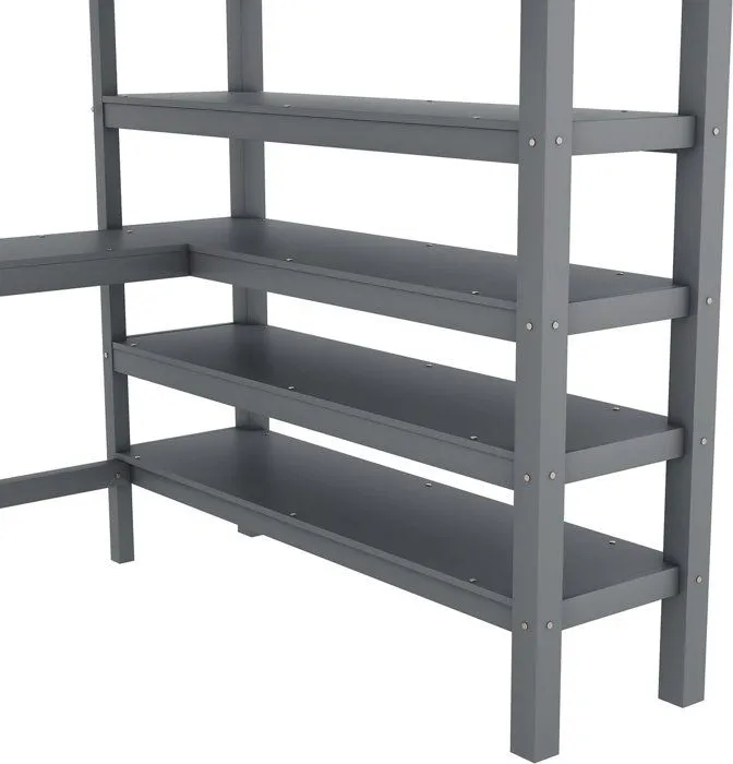 Lit mezzanine, 140 x 200, Lit haut pour enfants, Compartiment de rangement et bureau sous le lit, Pas de matelas, Gris-4
