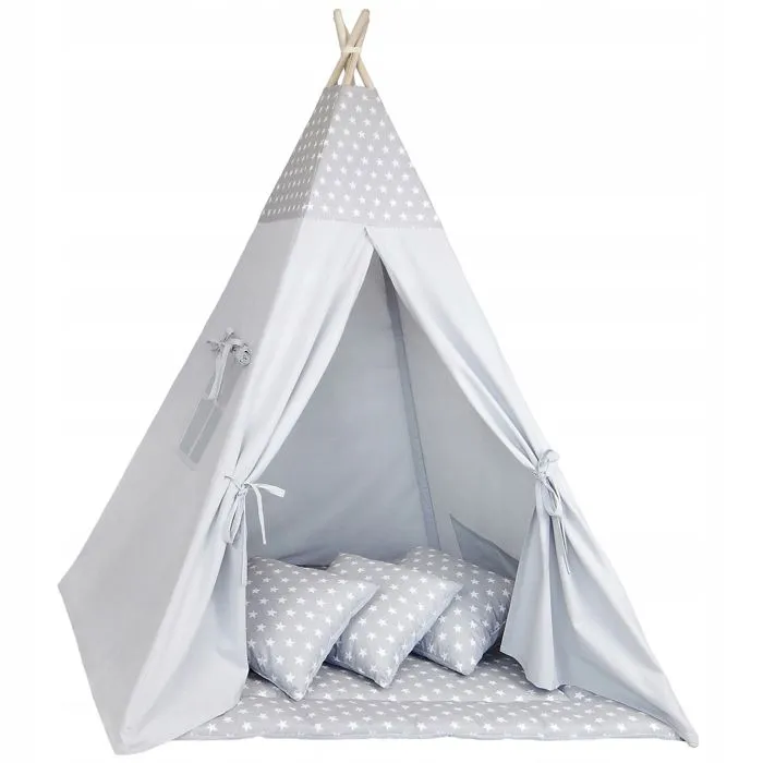 Tente de jeu Tipi Enfant avec Tapis - AMAZINGGIRL - Modèle 1 - Coton - Gris-0