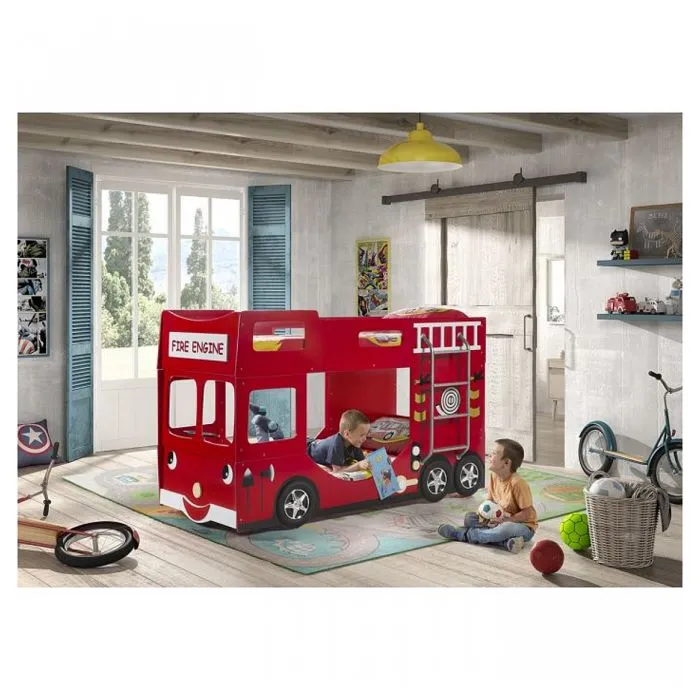 Lit superposé & mezzanine - Vipack - Pompier Rouge - 2 matelas inclus - Bois - 1 place-1
