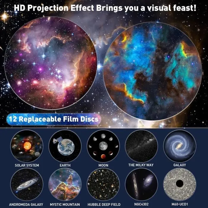 Projecteur D'Étoiles De Planétarium, Projecteur De Galaxie, Néon, Veilleuse De Ciel Étoilé Réaliste Avec 12 Disques De Film, [A1912]-2