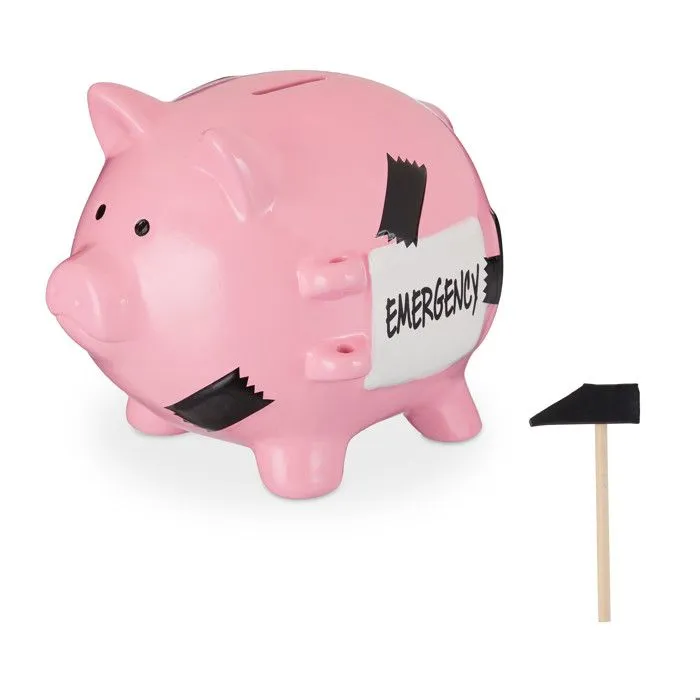 Relaxdays Tirelire cochon avec marteau, inscription « Emergency », verrouillable, céramique, HLP : 14,5x15,5x20 cm, rose-5