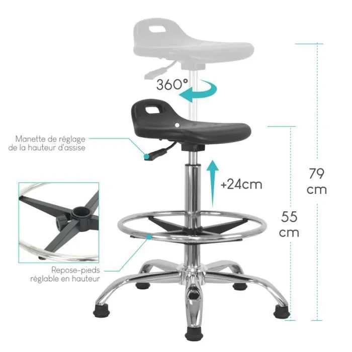 Tabouret de travail Haut waytex Assise Ergonomique, Hauteur réglable 55 - 79 cm Repose-pieds en métal chromé-1