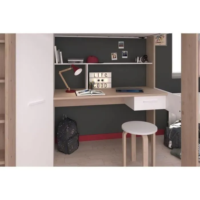 Lit mezzanine avec bureau et armoire - 90 x 200 cm - Coloris : Blanc et naturel - AUCKLAND-3
