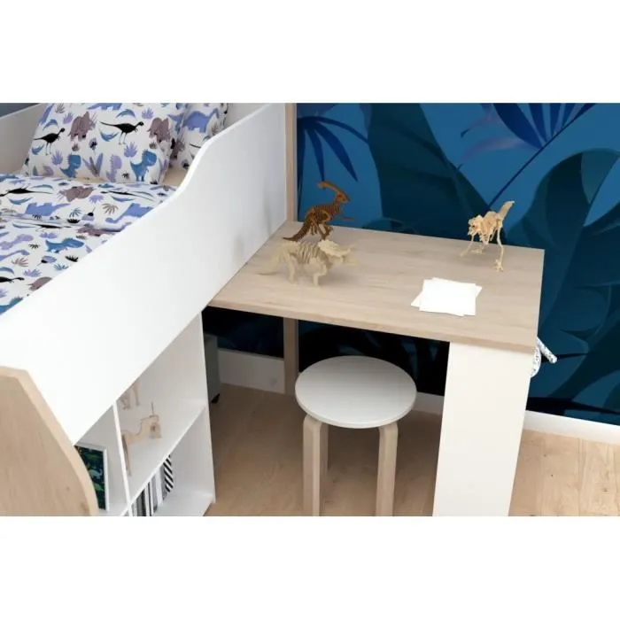 Lit combiné enfant avec bureau rétractable - PARISOT - LIAM - Blanc et chêne - Sommier inclus - 90x200 cm-5