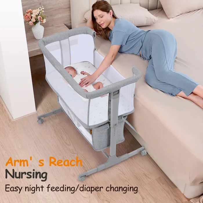Lit Bébé Cododo 3 en 1, Lit Parapluie à 10 kg,Hauteur Réglable 7 Niveaux,avec Matelas, Côté Repliable,Maille Respirante, Gris clair-4