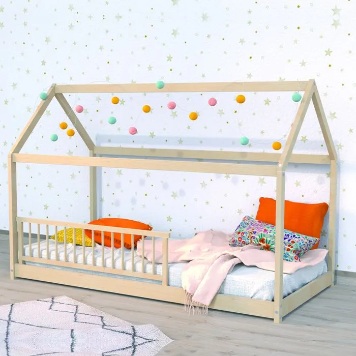 Lit cabane - WEBER INDUSTRIES - Panda - Barrière de lit amovible - Sommier inclus - Bois massif-0