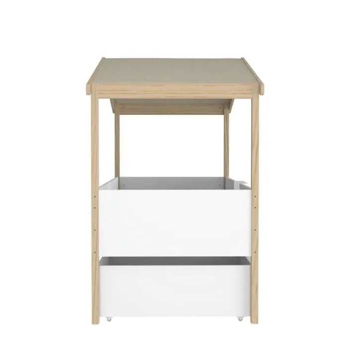 Lit cabane PILOTI 90x200 + 2 tiroirs + 1sommier / Blanc et naturel-4
