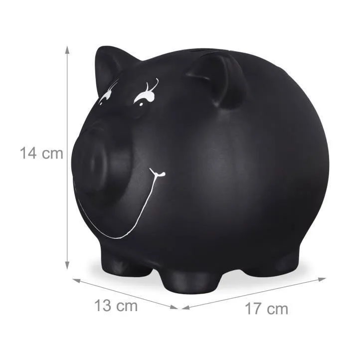 Relaxdays Tirelire cochon, ardoise, personnalisable, céramique, mariage, anniversaire, baptême, HxLxP 14x17x13 cm, noir-0