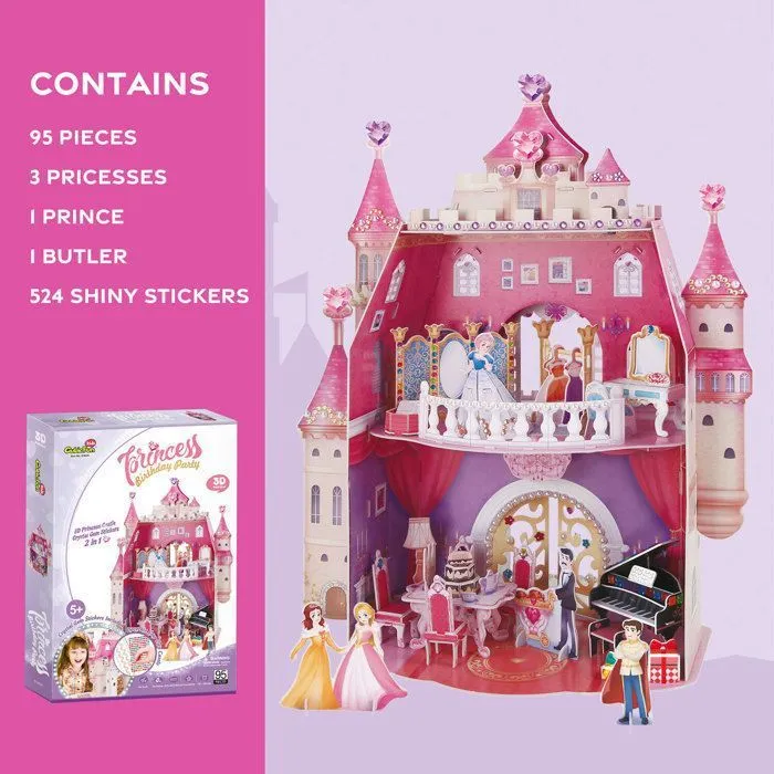 Puzzle 3D Chateau Princesse, Princess Birthday Party, Puzzle 3D Enfant 5 Ans, Puzzles 3D avec 524 Autocollants, 95 Pièces, Rose-2