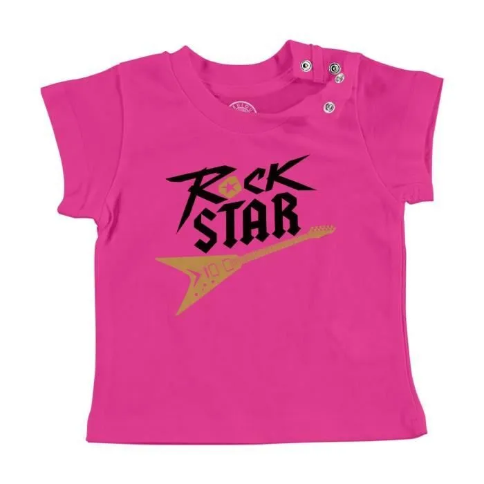 T-shirt Bébé Manche Courte Rose Rock Star Guitare Musique Musicien Instrument-0