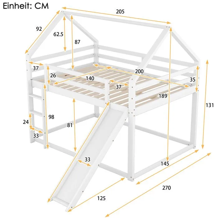 Lit superposé cabane avec toboggan et échelle - 140x200cm - cadre en pin massif - Blanc-3