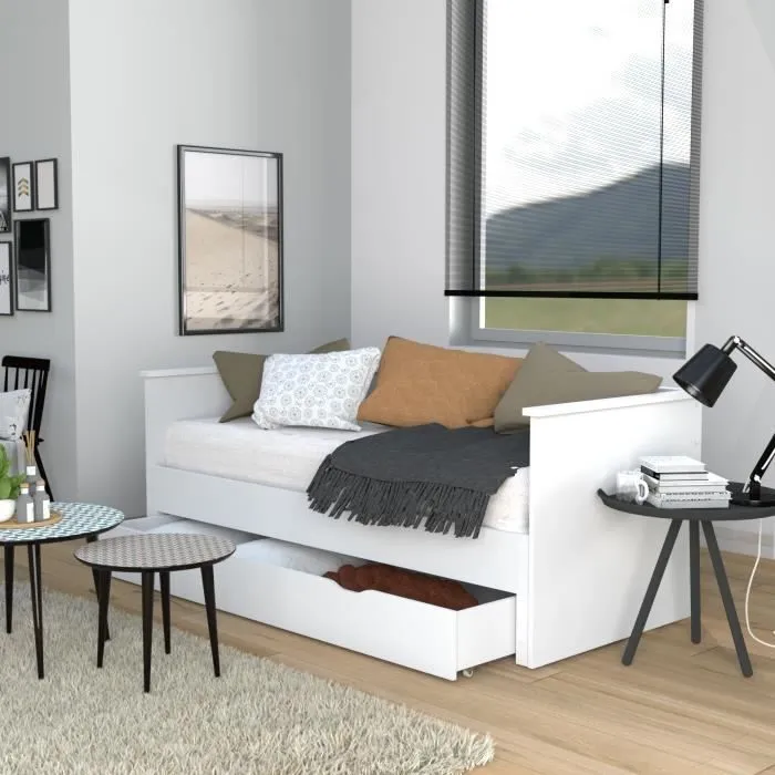 Banquette extensible - LEQUAIDESAFFAIRES - MONA - Bois massif - Blanc - Avec tiroir-1