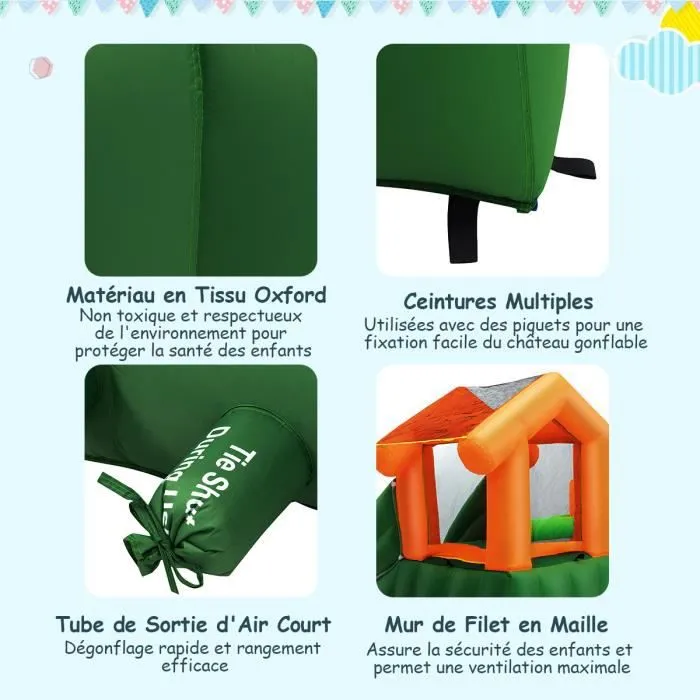 COSTWAY Château Gonflable Motif de Pingouin avec Souffleur 680W Toboggans Aquatiques,Canon à Eau,Panier de Basket-ball 3-10 Ans Vert-2