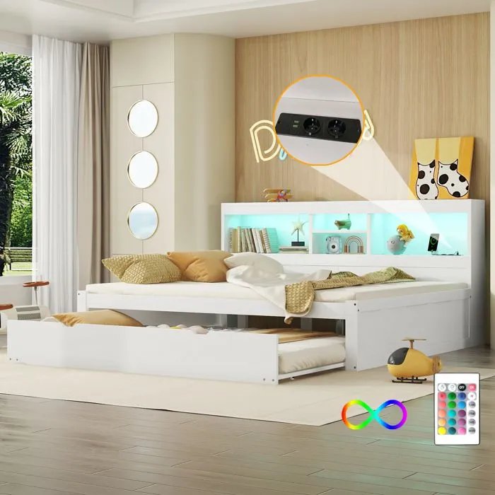 Lit gigogne - Blanc - 140x200cm + 90x190cm - LED, USB, rangement - sans matelas-4