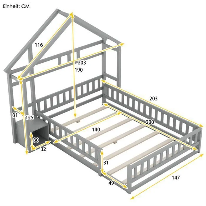 Lit cabane - DREAMMESPACE - 140x200 cm - Bois massif - Gris - Avec chevets-3