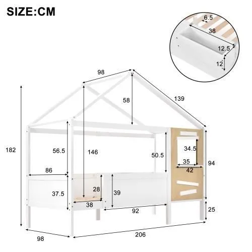 Lit enfant cabane avec fenêtre, avec petit coffre en bois, cadre en pin, panneau de protection en MDF, blanc (200x90cm)-3
