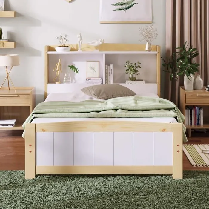 Lit enfant 90x200 cm, lit simple en bois massif avec espace de rangement, sommier à lattes, naturel + blanc-1