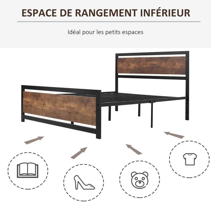 HOMCOM - Cadre du lit - Acier - 147x195x103cm - noir et brun rustique-5