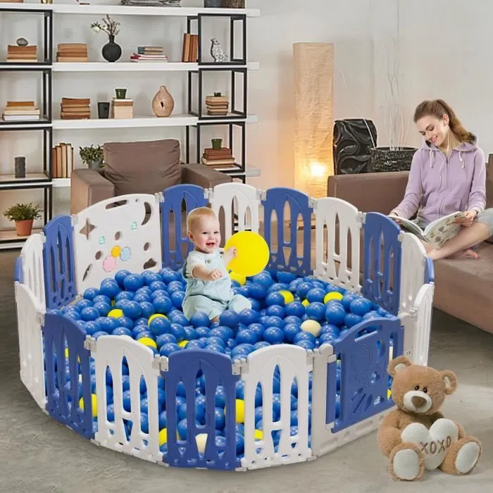 XMTECH Parc Bébé en Plastique 16 + 2 Panneaux d’Activité et Porte Barrière Sécurité Enfant 196x190cm Clôture Pliant de Protection-2