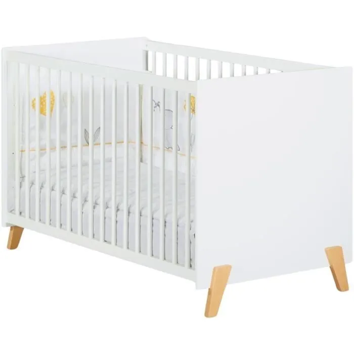 Lit bébé - 120 x 60 cm - Babyprice Joy Naturel - Blanc - Sur pieds en bois naturel-1