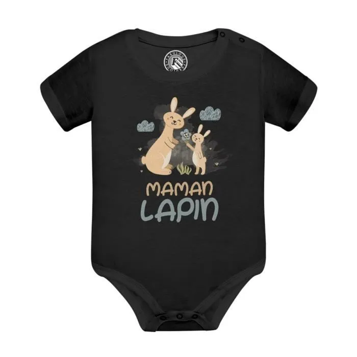 Body Bébé Manche Courte Noir Maman Lapin et son Bébé Dessin Illustration-0