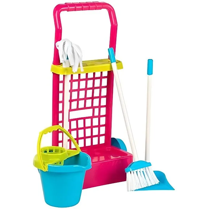 COLORBABY 40594 Jeu d'imitation Chariot de Nettoyage avec Seau, Balai, ramassette et serpillière. Seau Bleu Rouge 43282-0