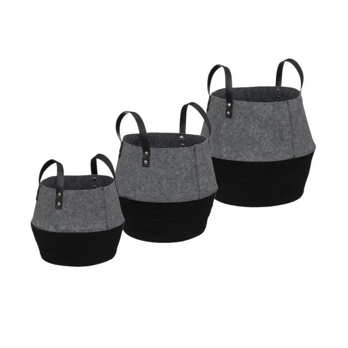 Paniers de rangement en feutrine et coton - Atmosphera - Lot de 3 - Noir/gris-0