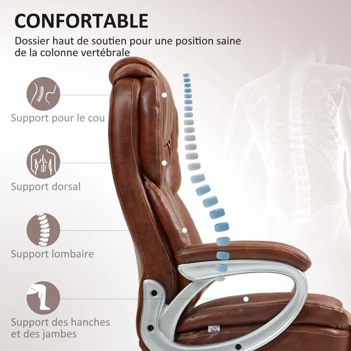 Chaise de bureau - HOMCOM - avec fonction bascule, dossier haut, roulettes pivotantes 360°, hauteur réglable - marron-4