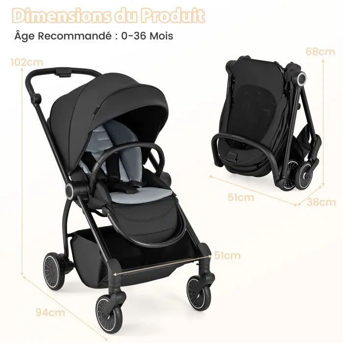 COSTWAY Poussette Canne Pliable Bébé avec Siège Réversible & Dossier Inclinable, Panier Inférieur, Harnais à 5 Points, 15 kg, Noir-1