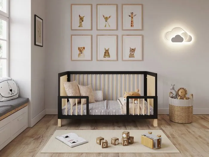 Lit Bébé Evolutif Convertible 140 x 70cm Anthracite-Pin, Lit d'enfant en bois 3 EN 1, 3 Niveaux de Réglage de la Hauteur-0