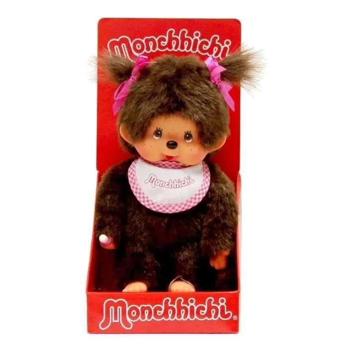 Monchhichi Peluche Fille Bavoir Rose et blanc 20 cm - 25555-1
