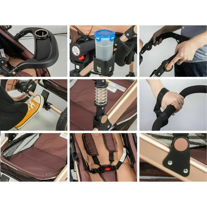 Poussette Bébé Combinée Trio Pack 3 en 1 Noir-ARG Chassis Haut a Absorption de Chocs Pliable Siege Auto Réversible Roues Increvables-1