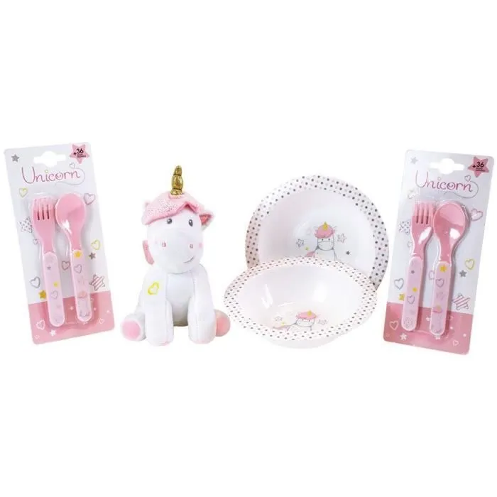Lot Vaisselle Licorne pour Enfant - FUN HOUSE - 006319 - 2 Assiettes, 2 Sets de Couverts et 1 Peluche Douce-0