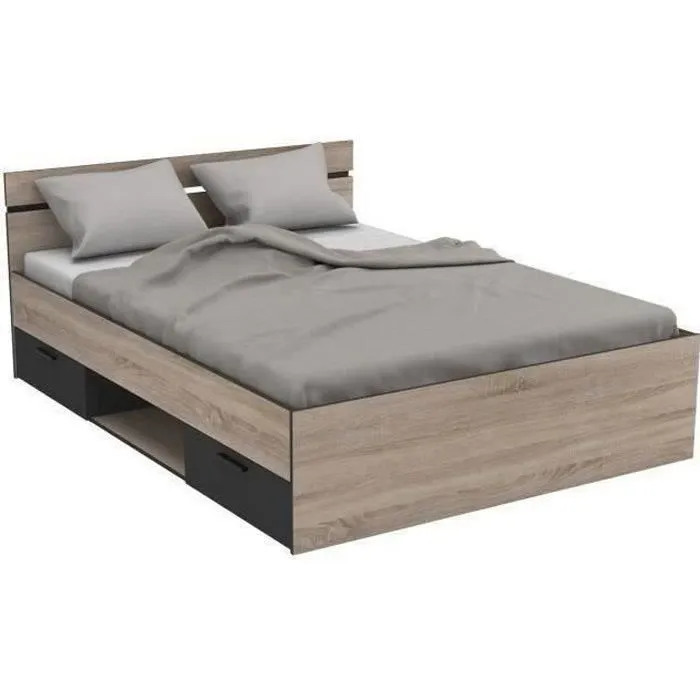 DEMEYERE Michigan Lit adulte 140x190 cm - 2 tiroirs et 1 niche - Industriel - Décor chêne brossé et noir-0