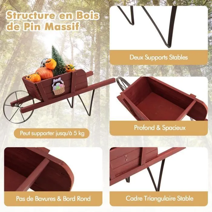 COSTWAY Brouette Décorative en Bois pour Plantes - Accessoires Magnétiques, Longues Poignées - Jardinière de Jardin à Roues - Rouge-2