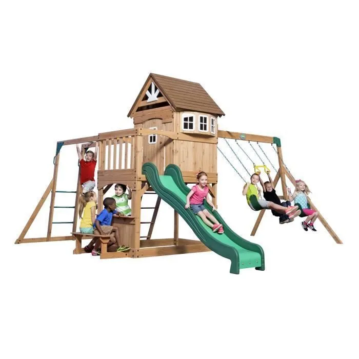 Backyard Discovery Montpelier - Aire de Jeux en bois avec Balançoires, Toboggan Mur d'Escalade et Banc-1