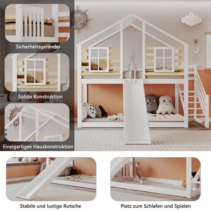 Lit superposé cabane 90x200cm bois avec toboggan et fenêtre - DREAMMESPACE - pour 2 enfants - barrière anti-chute-2