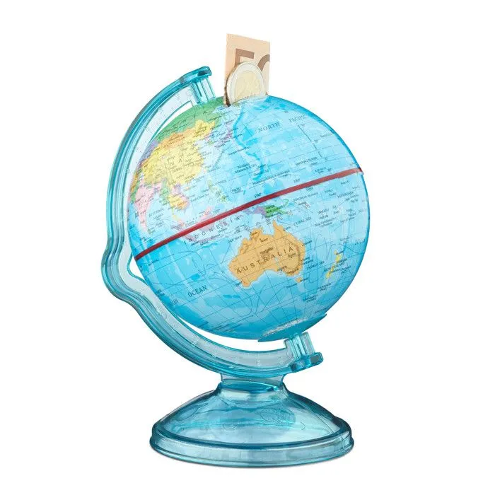Relaxdays Tirelire globe boîte pour économiser pièces monnaie carte du monde en anglais voyage HxlxP: 16,5 x 14 x 14 cm, coloré-0
