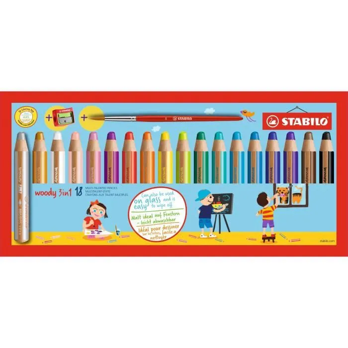 STABILO 18 crayons de couleur Multi-talents Woody 3in1 + 1 pinceau rond taille 8 + 1 taille-crayon-0